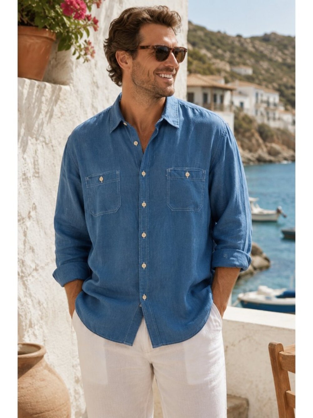 Cremeux Classics 100% Linen Blue Button Front Shirt Men’s XL Casual Lightweight